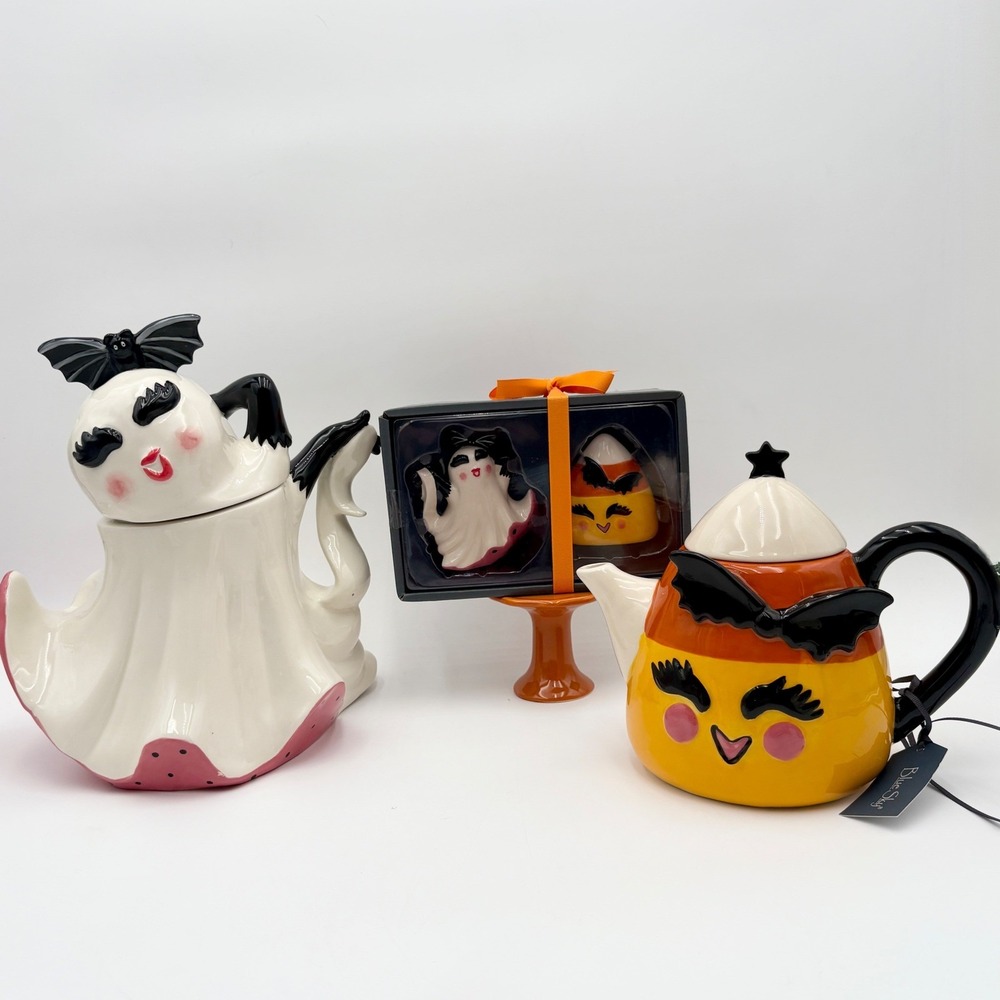 Blue Sky Halloween Ghost & Candy Corn Teapot Set with Salt & Pepper Shakers